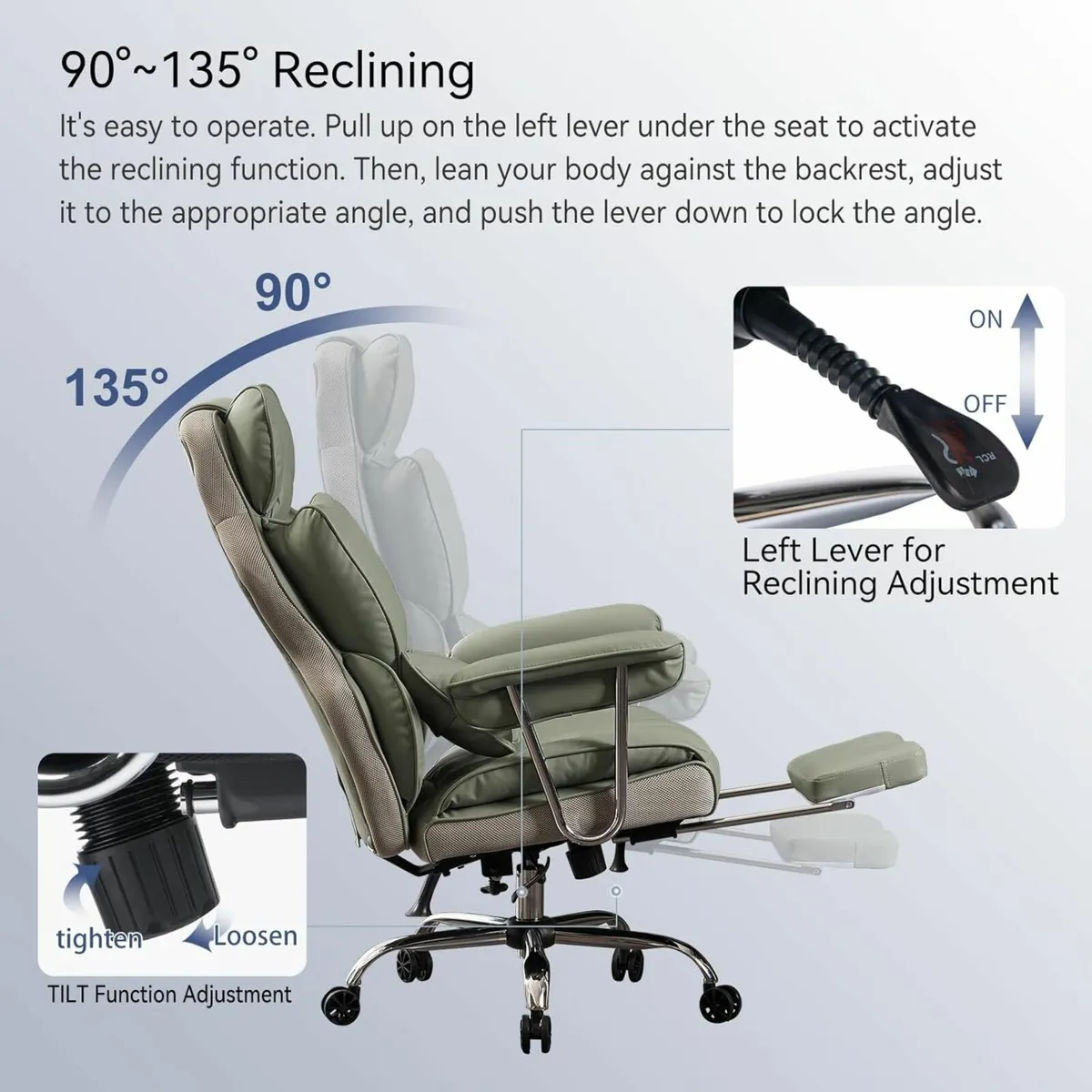 Desk Office Chair Big PU Leather Ergonomic Green - Image 3