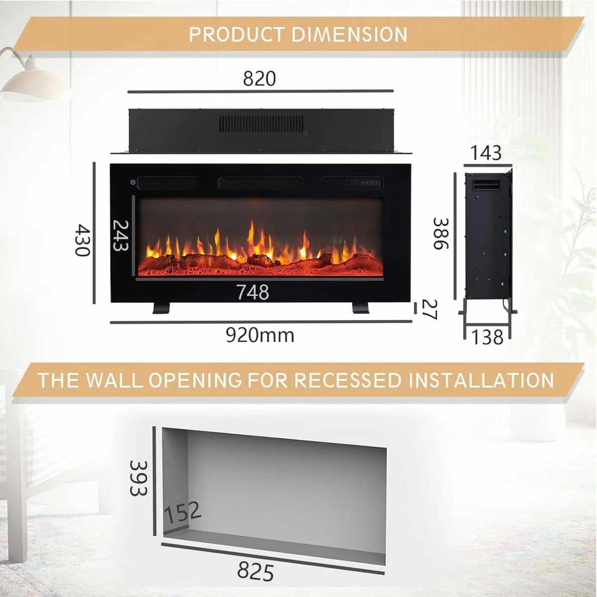 36"/92cm Electric Fireplace Wall Mounted 9 Colour - Image 4