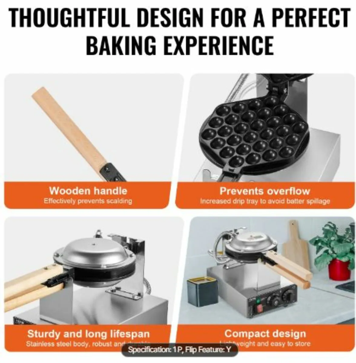 Commercial Bubble Waffle Maker, 1400W Egg Pancake - Image 4