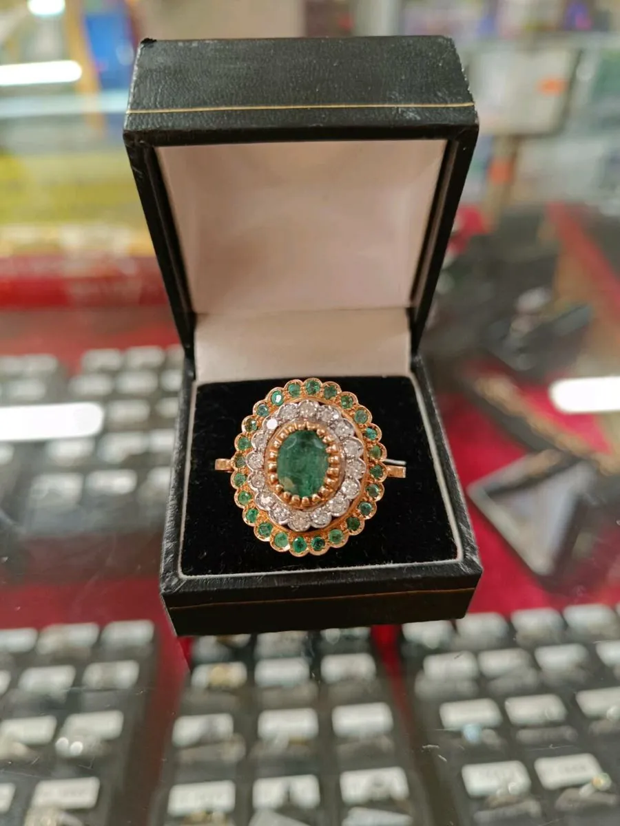 Emerald & Diamond Cluster, 9k Rose Gold Ring - Image 2