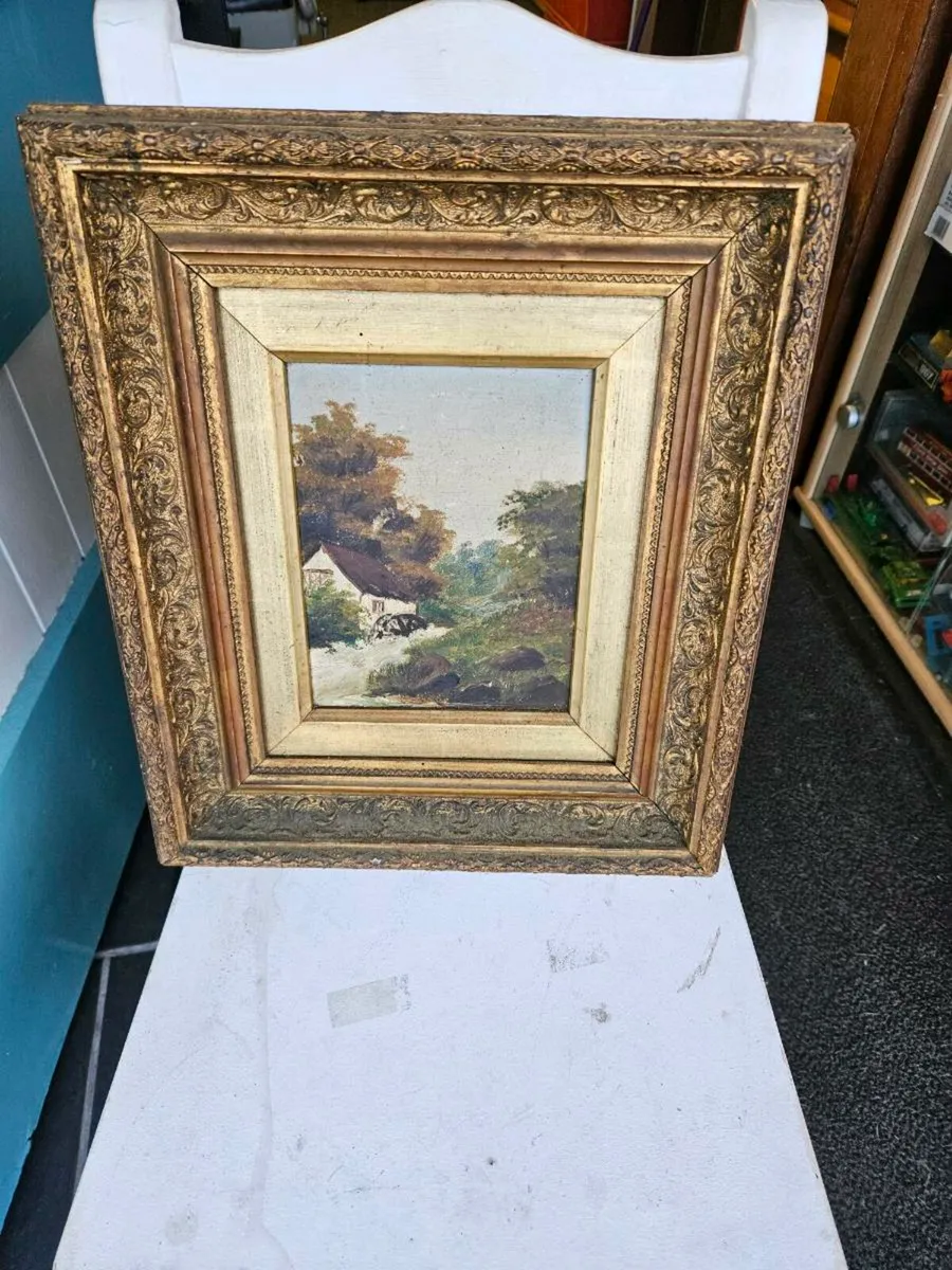 Vintage Antique Picture Oil on Canvas - Image 2