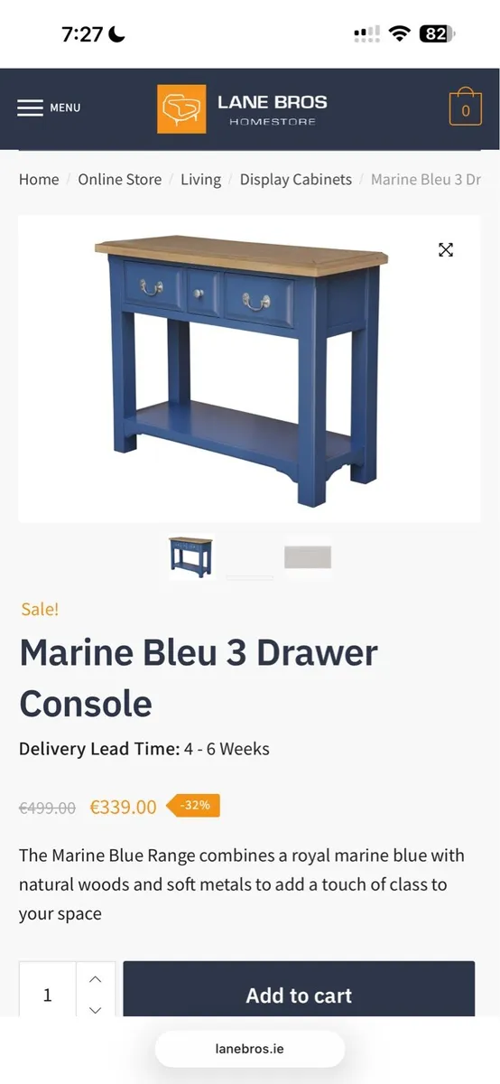 Marine Blue 3 Drawer Console Table, New - Image 3