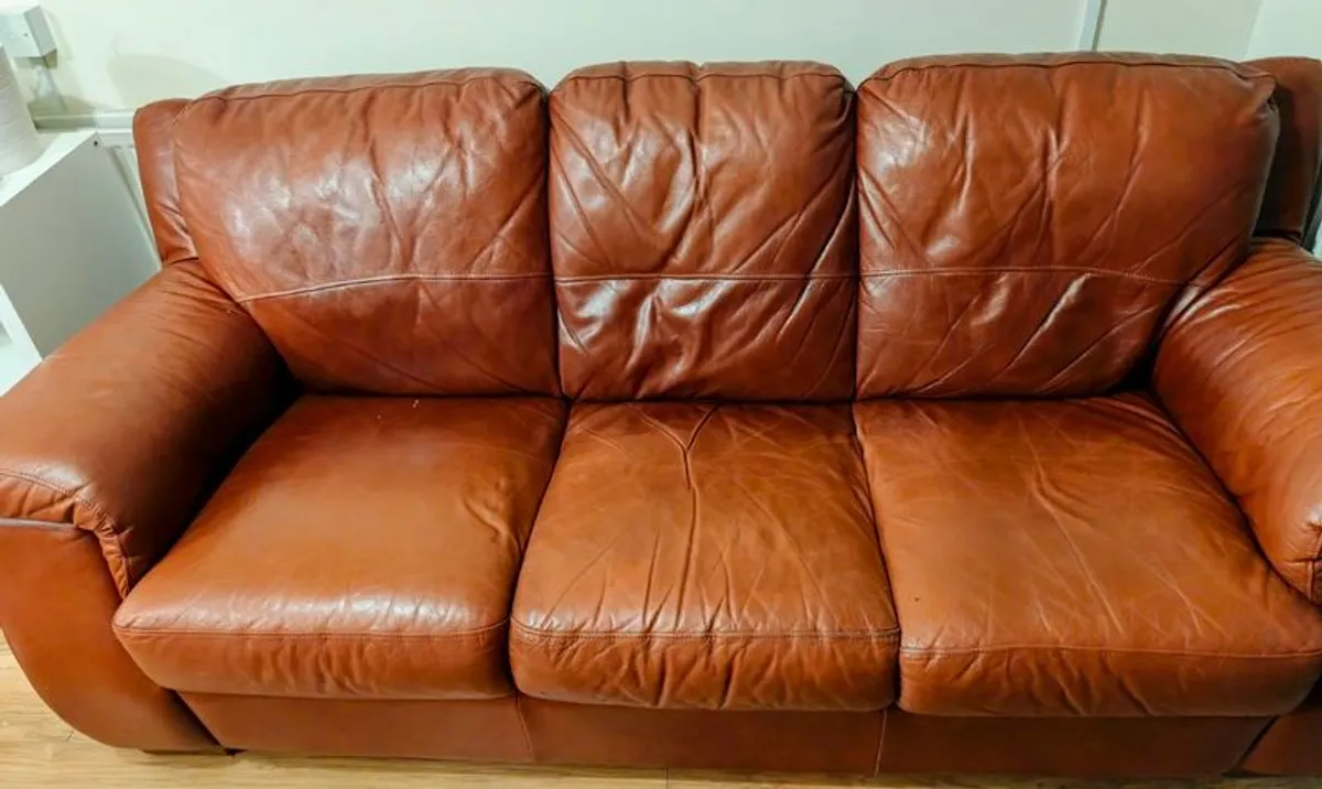 Real Leather 3-Seater Sofa - Brown - Good Condition - Priced to Sell - Image 3