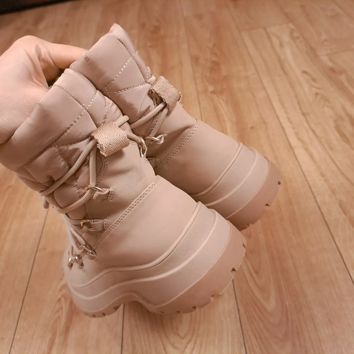 Zara Beige Quilted Platform Ankle Winter Boots 5UK - Image 2