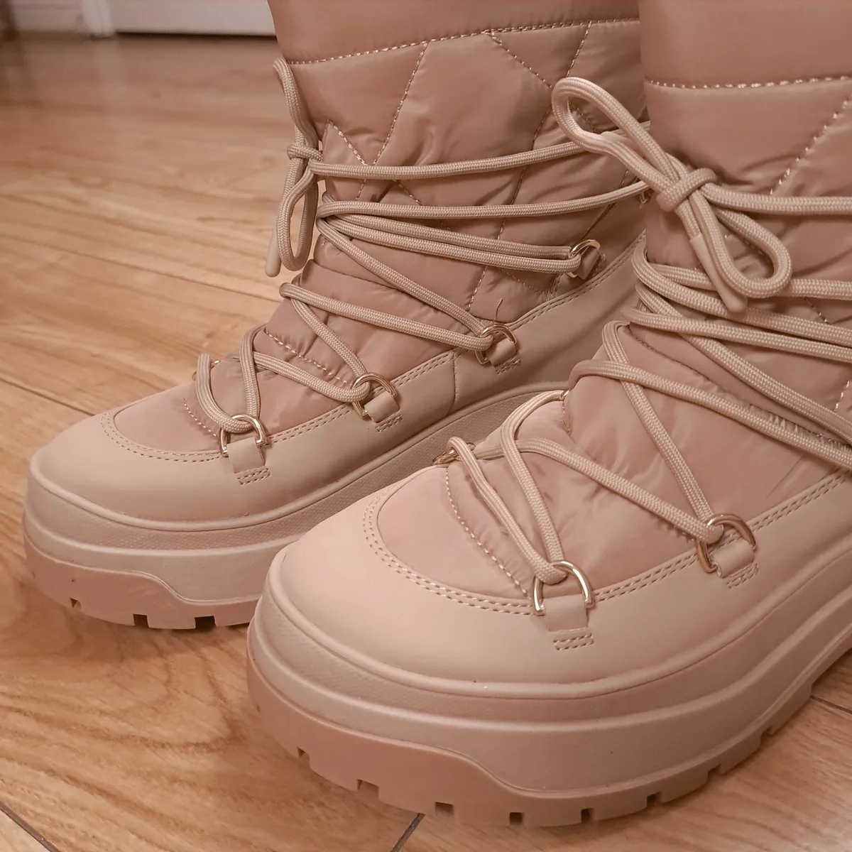 Zara Beige Quilted Platform Ankle Winter Boots 5UK - Image 4