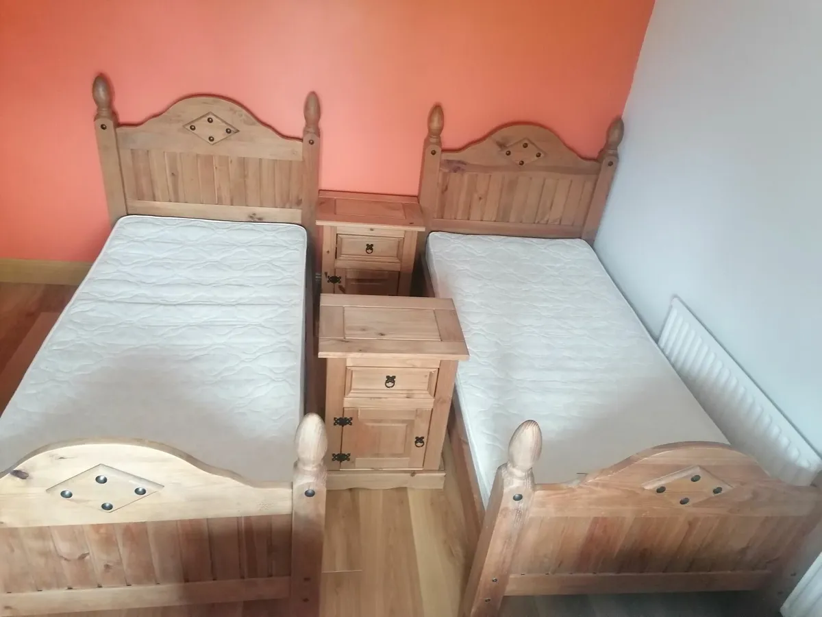 2 x Mexican Pine single beds with lockers - Image 1