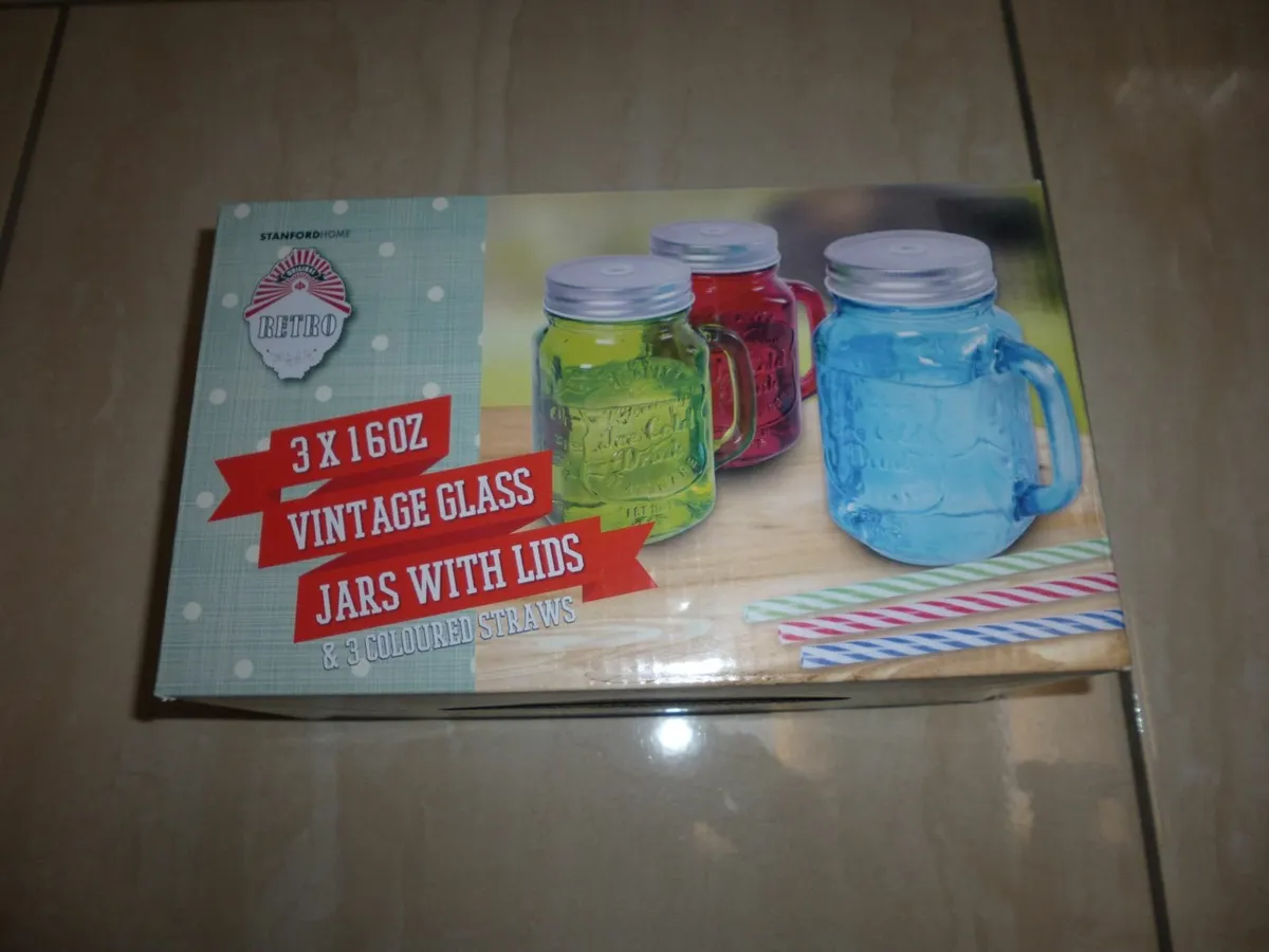Vintage Glass Jars with Lids / Straws - Image 2