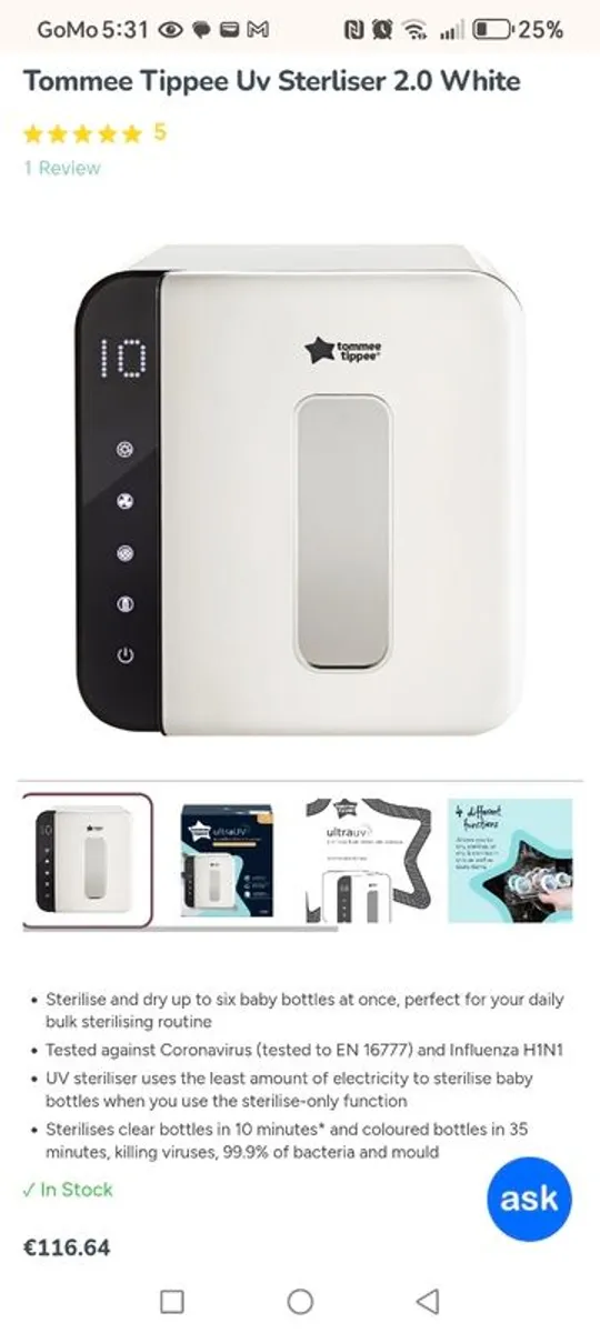 TOMMEE TIPPEE UV Bottle Steriliser Dryer White - Image 2