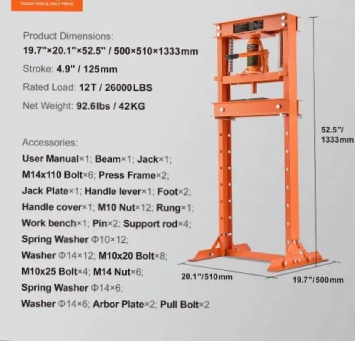 Hydraulic, 12 Ton H-Frame Floor, Stamping Plates, - Image 4