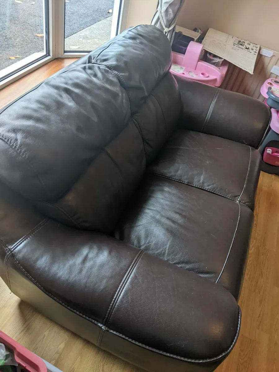 Brown leather two seater sofa and chair - Image 1