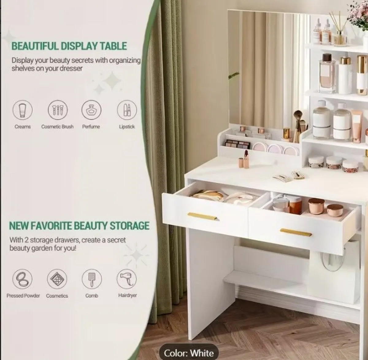 Dressing table white with gold handles - Image 3