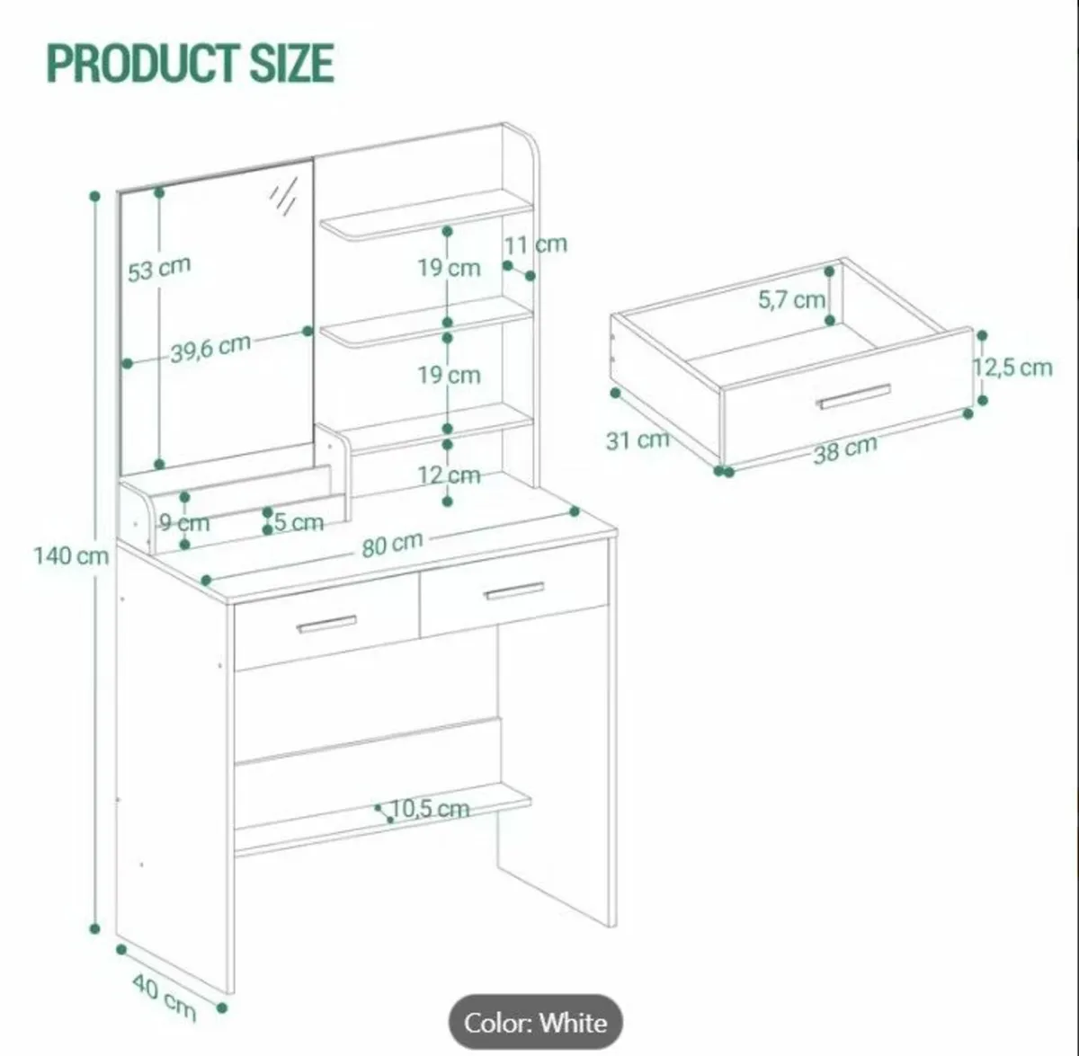 Dressing table white with gold handles - Image 4