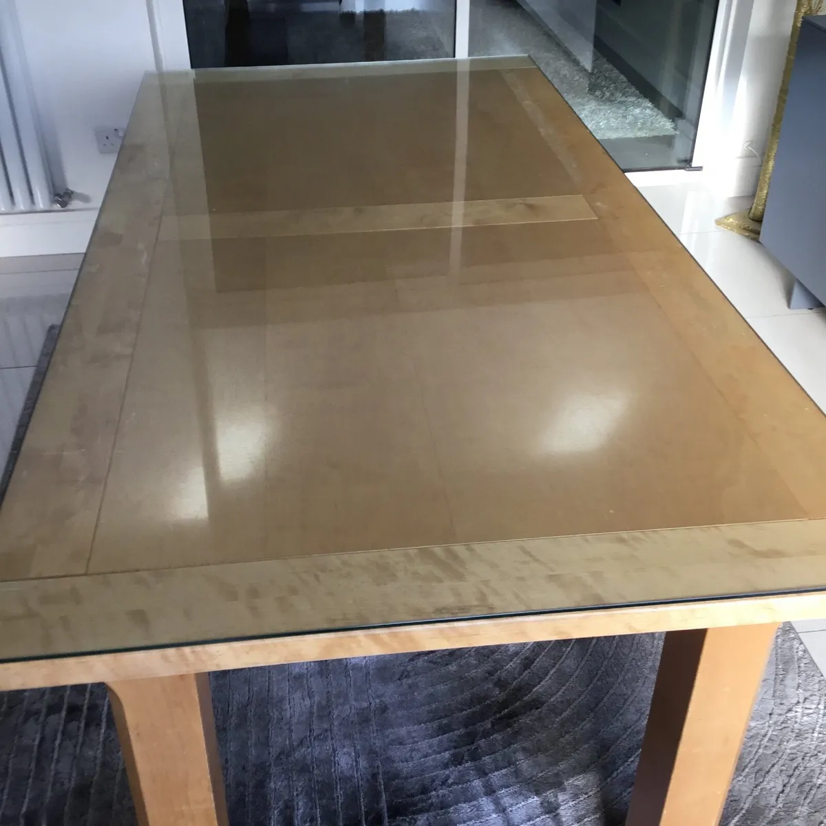 Solid oak kitchen table glass top  with 6 chairs. - Image 1