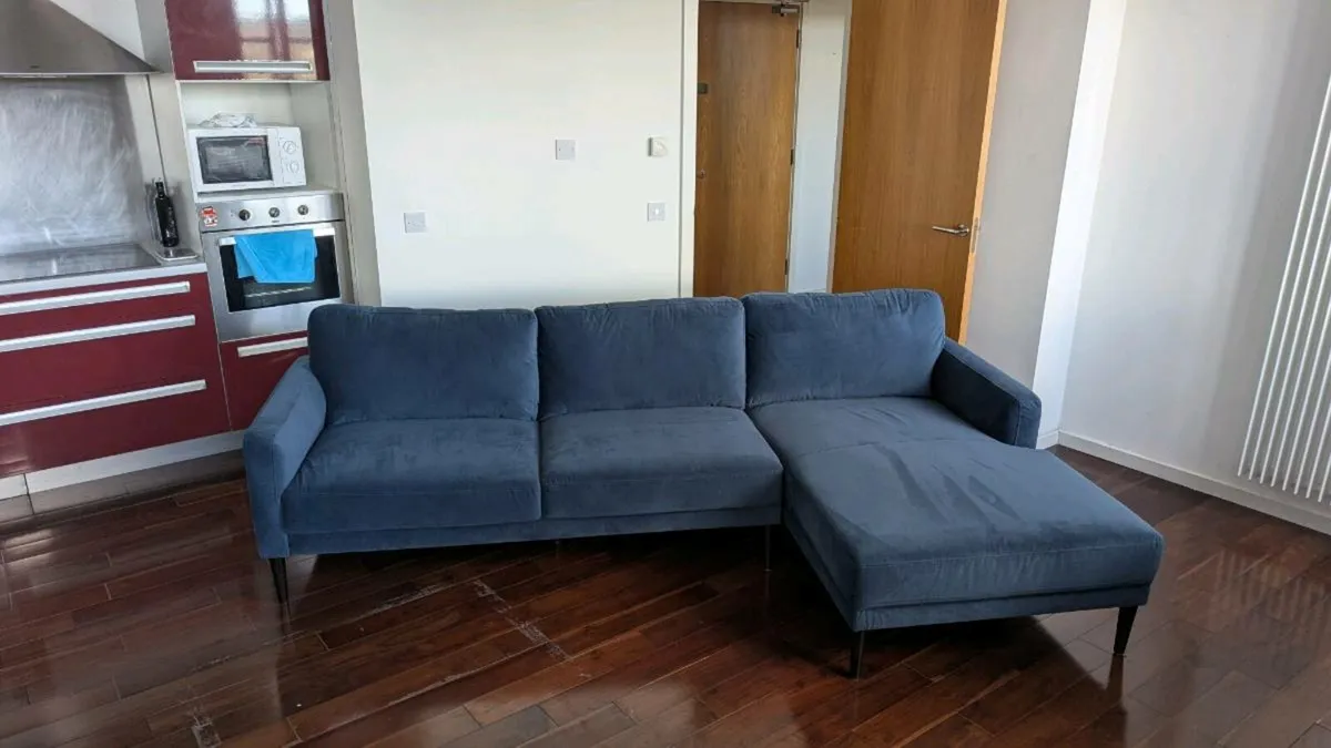 Blue Velvet Corner Sofa - Nearly New - Image 1