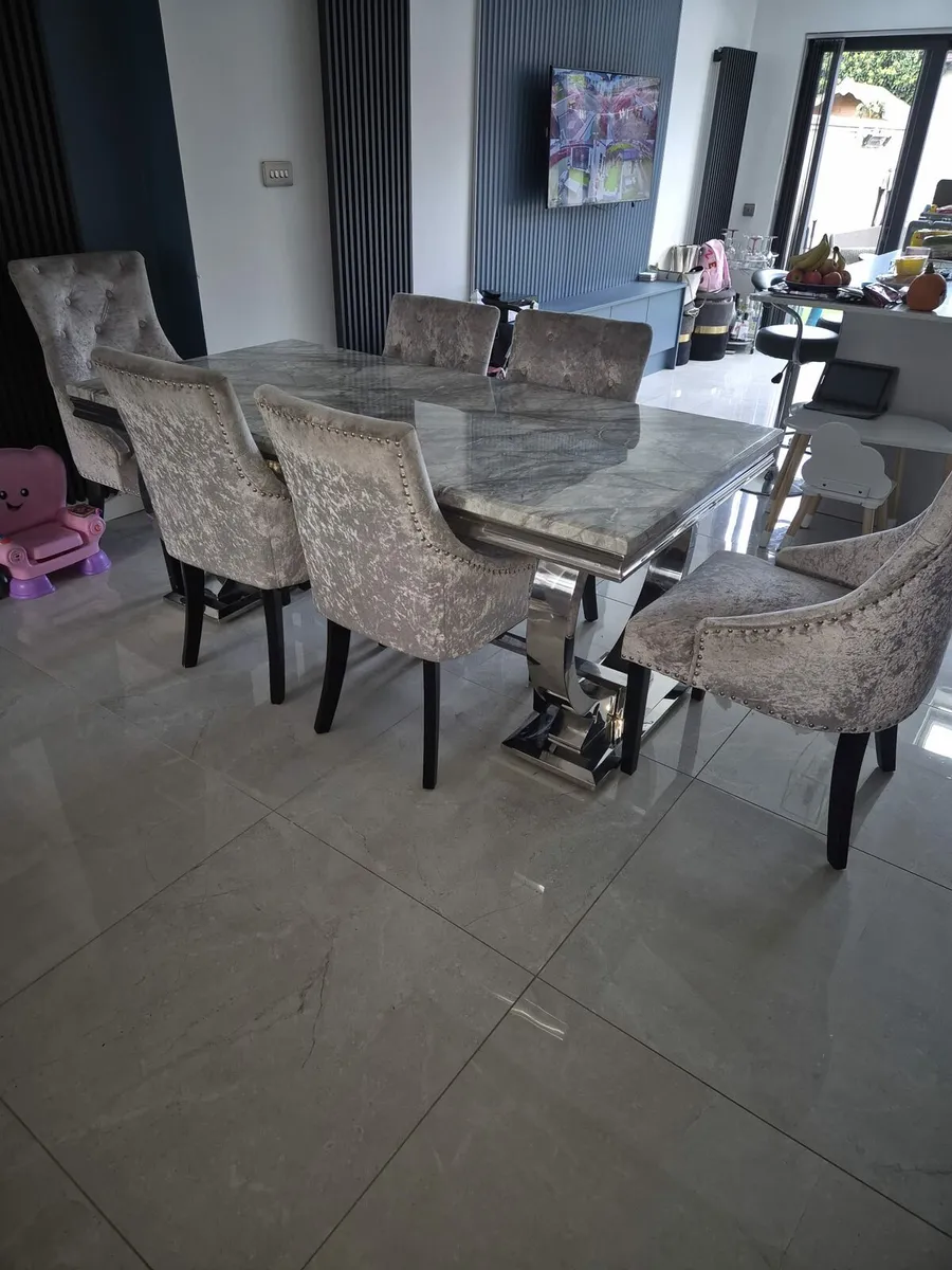 Grey Marble Dining Table + Chairs - Image 1