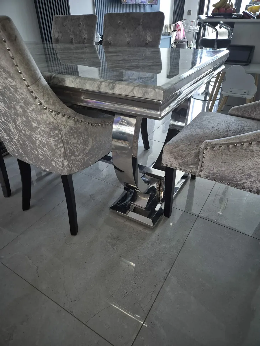 Grey Marble Dining Table + Chairs - Image 4