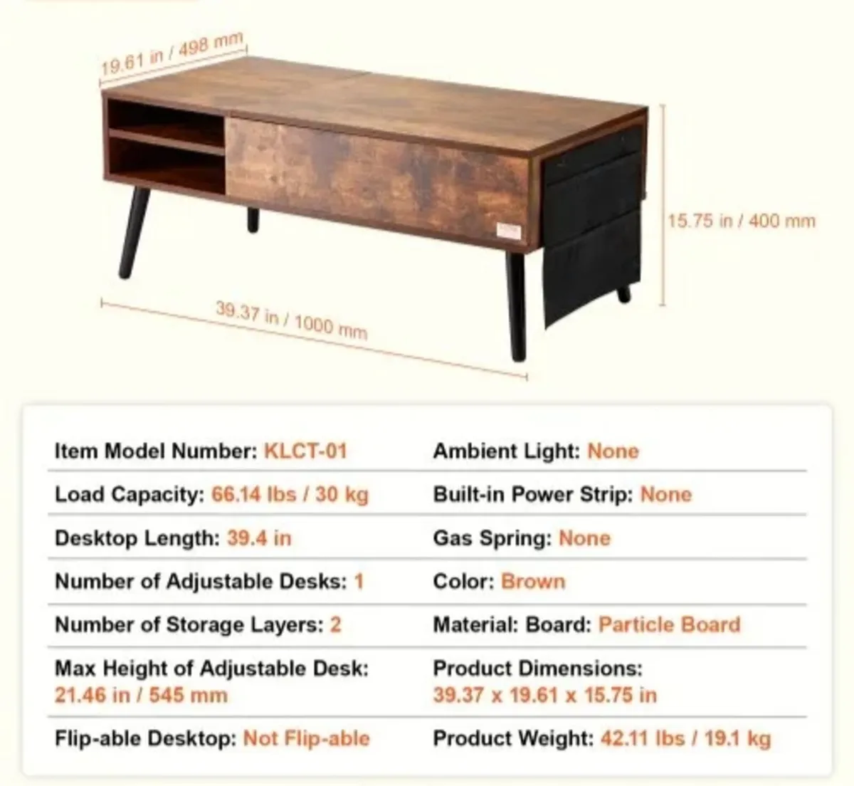 Lift Top Coffee Table, 39.4 in Rectangle Coffee Ta - Image 3