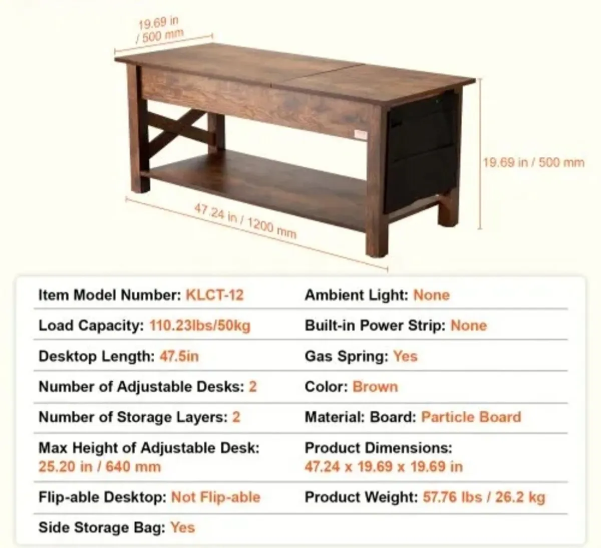 Lift Top Coffee Table, 47.5 in Rectangle Coffee Ta - Image 3