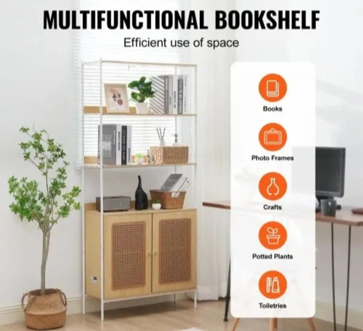 Rattan Bookshelf, Ladder Shelf with 2 Doors, Recta - Image 3