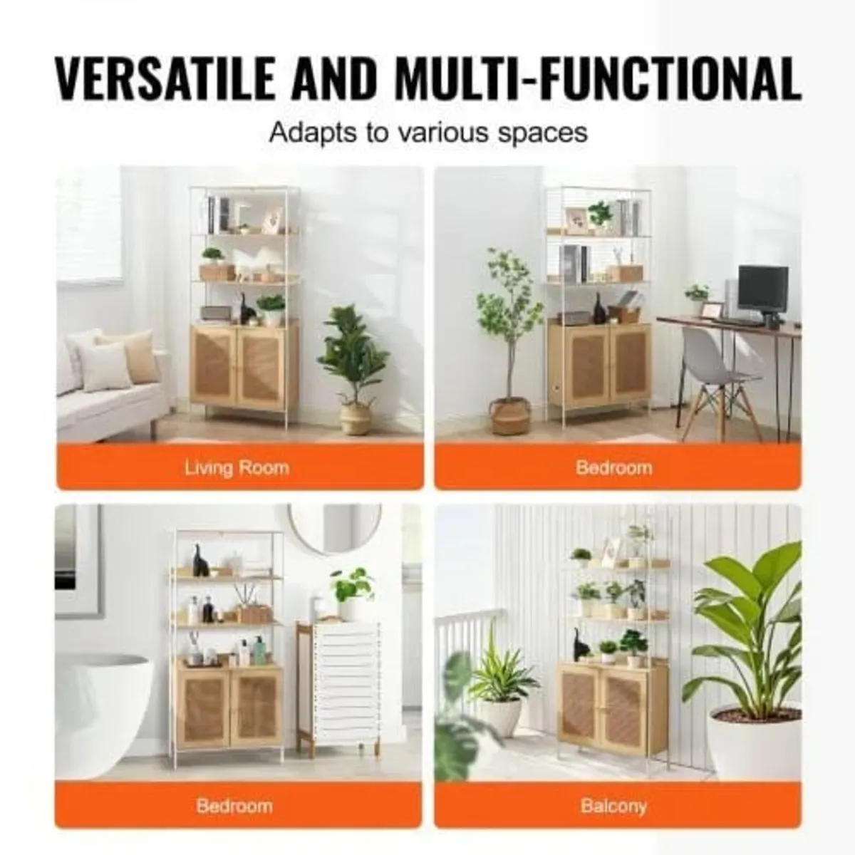 Rattan Bookshelf, Ladder Shelf with 2 Doors, Recta - Image 4