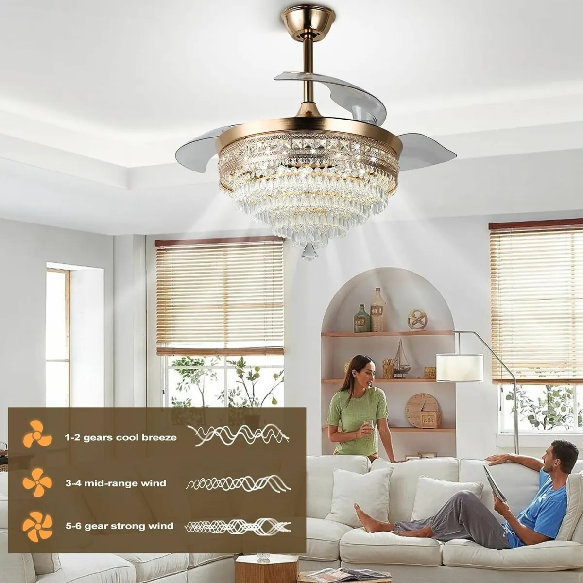 42" Gold Dimmable LED Fandelier Light Crystal - Image 2