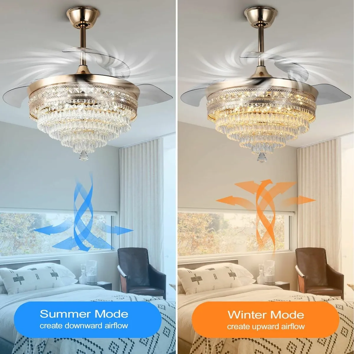 42" Gold Dimmable LED Fandelier Light Crystal - Image 3