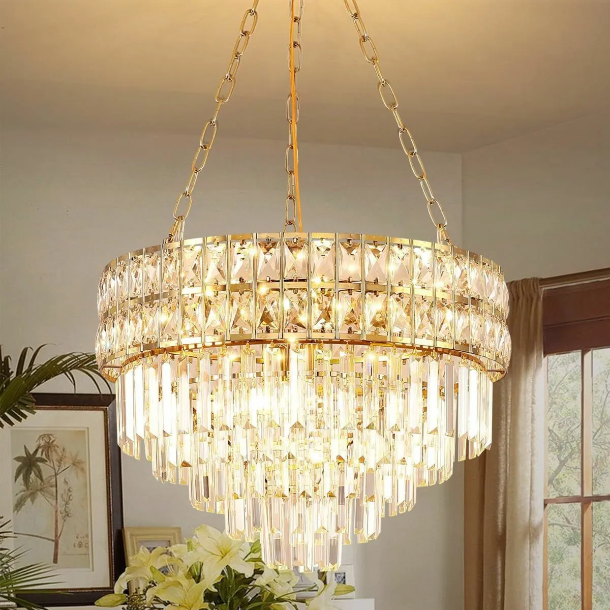 Modern Crystal Chandelier Gold Finish Light - Image 1