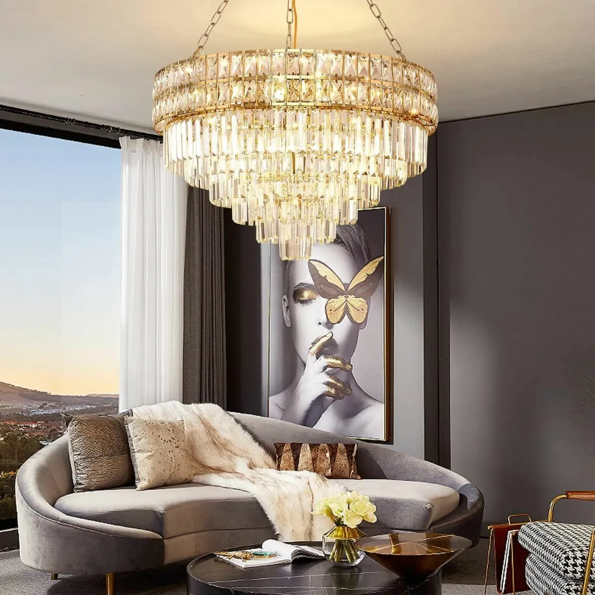 Modern Crystal Chandelier Gold Finish Light - Image 3