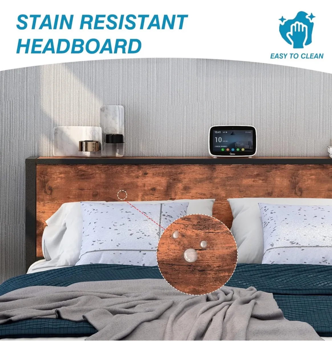 King Size Bed Frame with Storage Wooden Headboard - Image 3