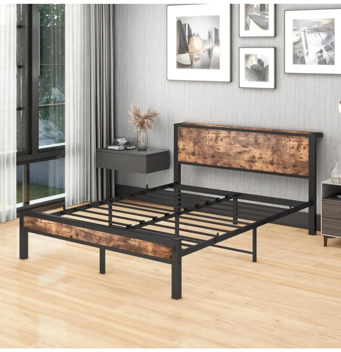 King Size Bed Frame with Storage Wooden Headboard - Image 4