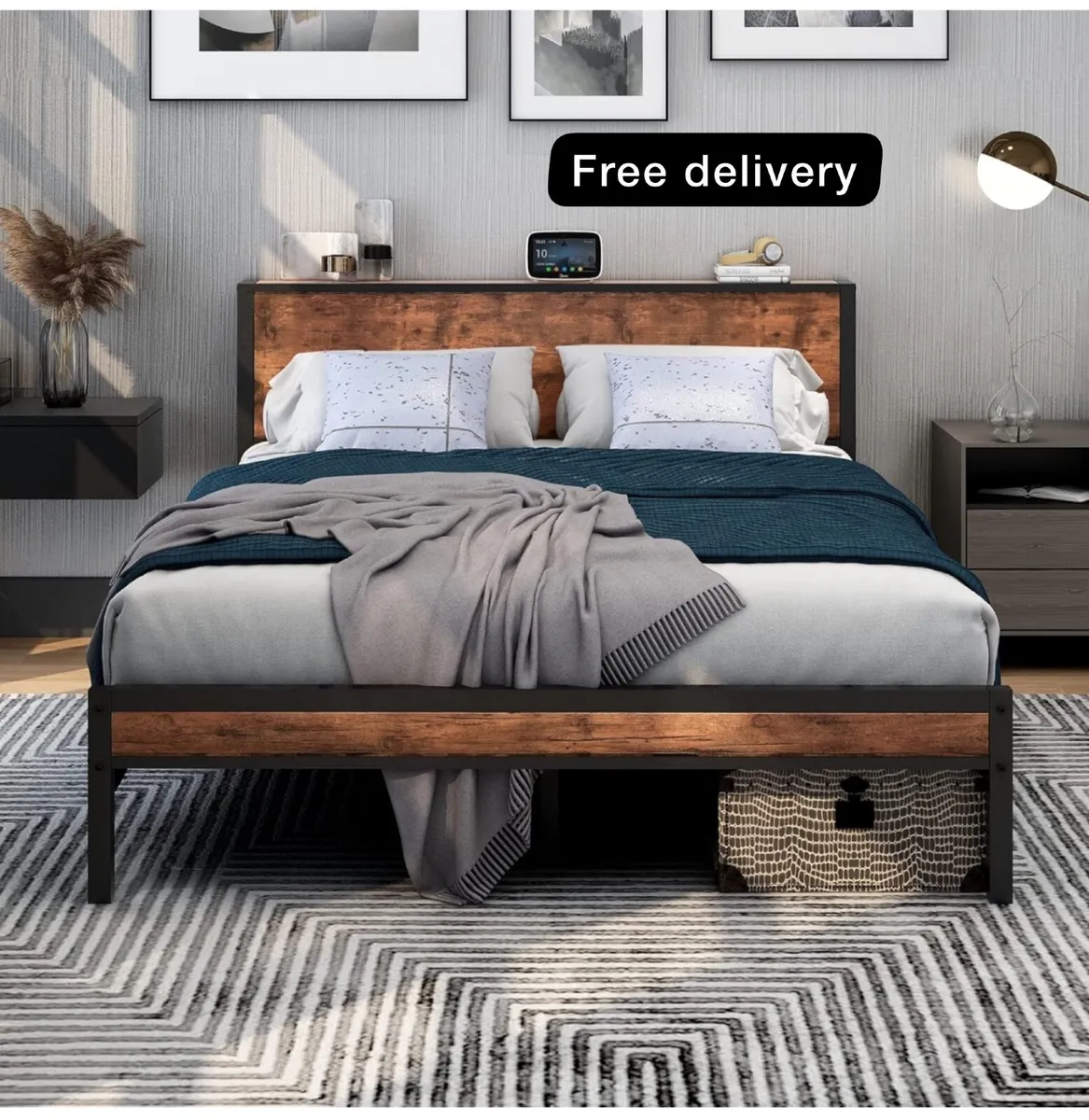 King Size Bed Frame with Storage Wooden Headboard - Image 1