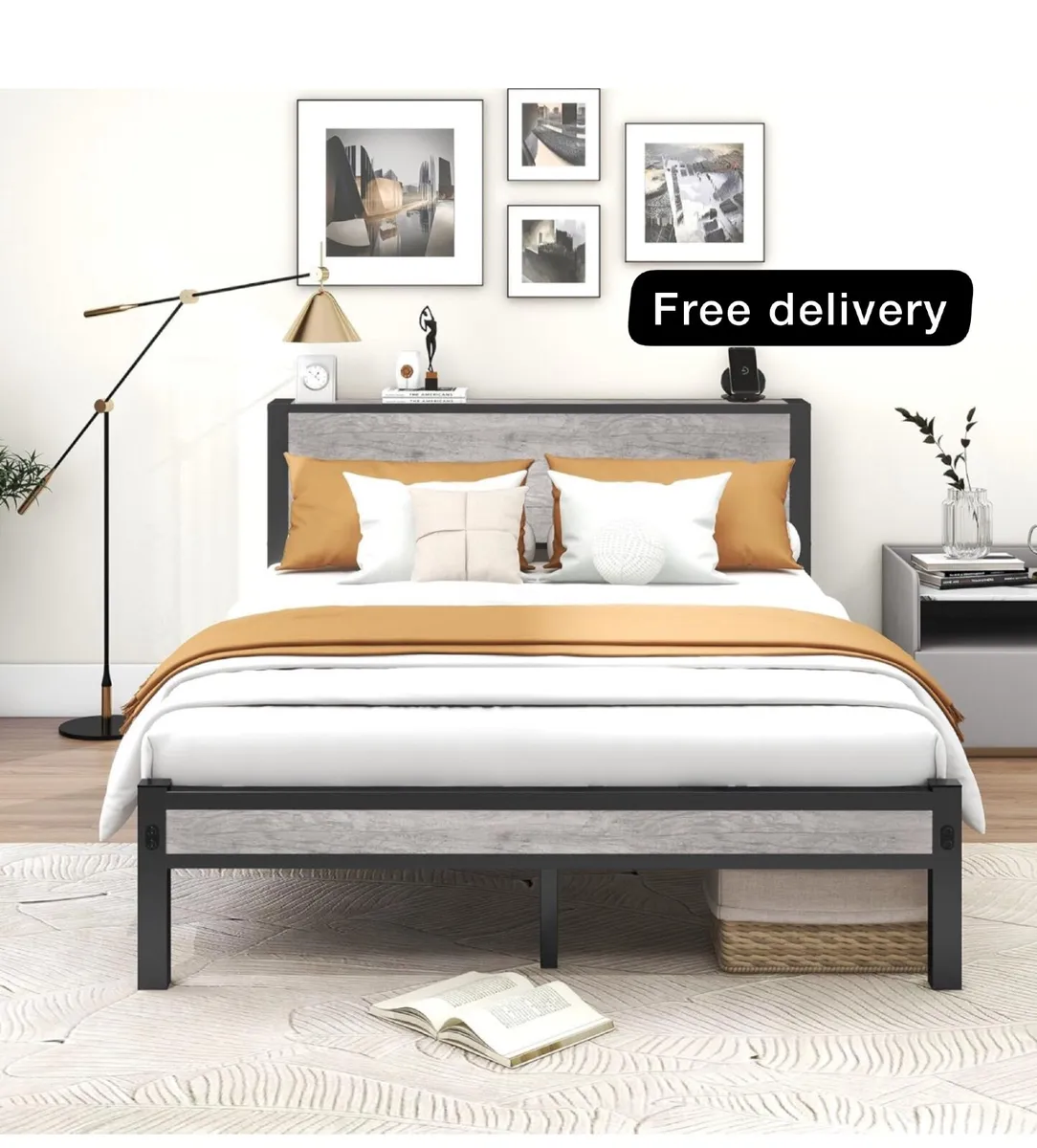 King Size Bed Frame with Storage Wooden Headboard - Image 1