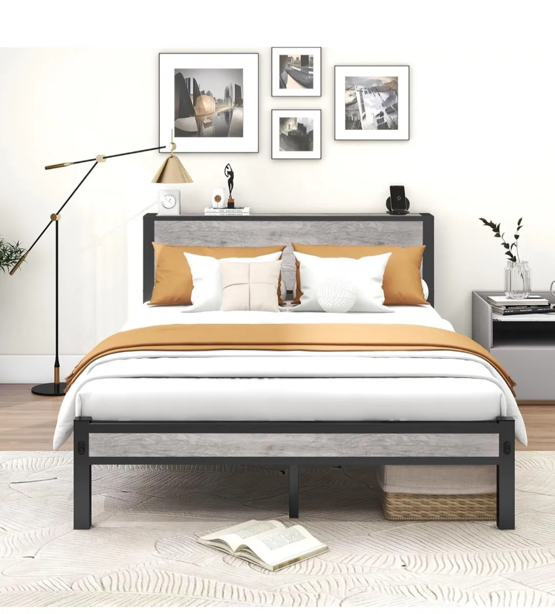 King Size Bed Frame with Storage Wooden Headboard - Image 3