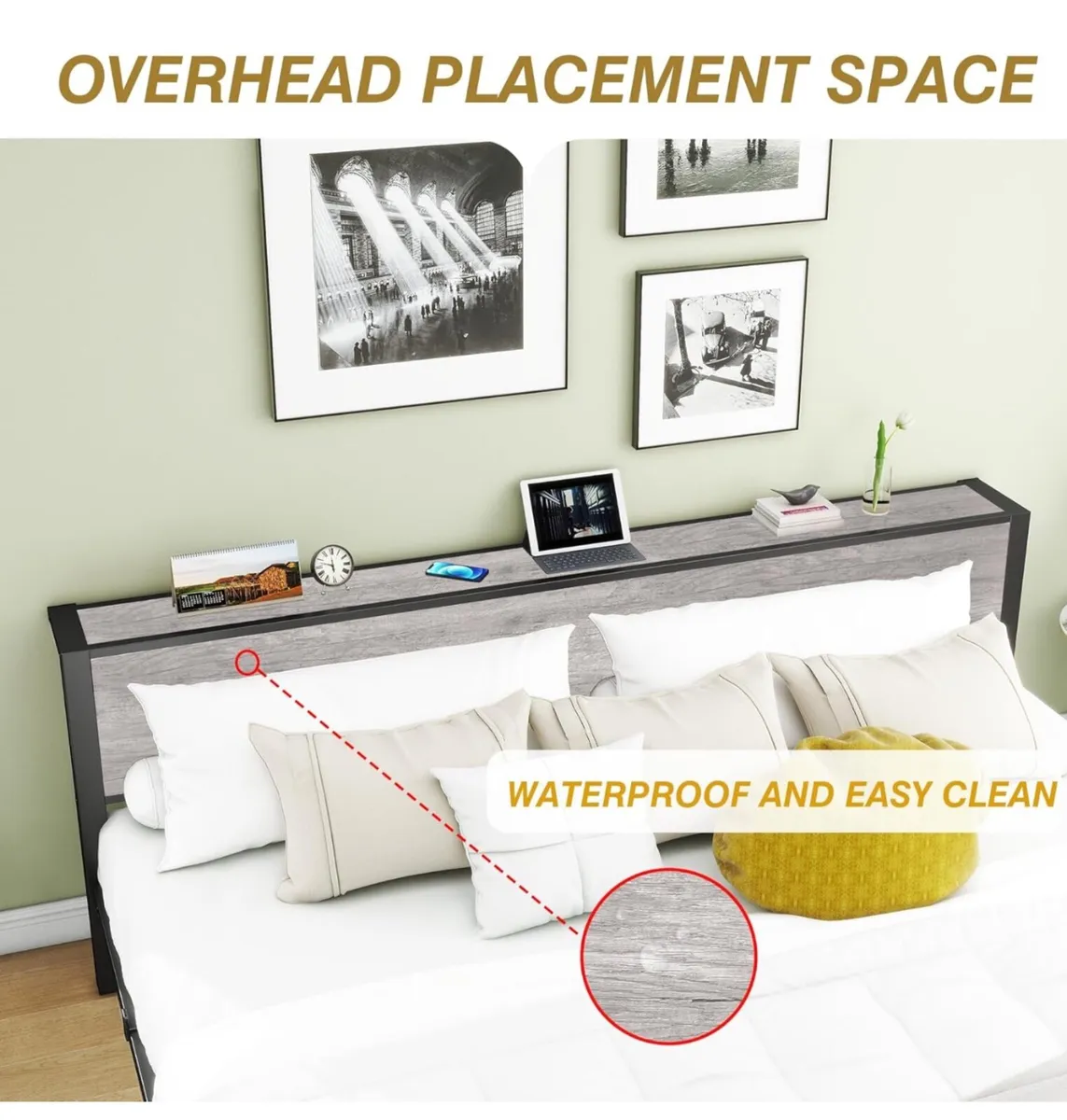 King Size Bed Frame with Storage Wooden Headboard - Image 4