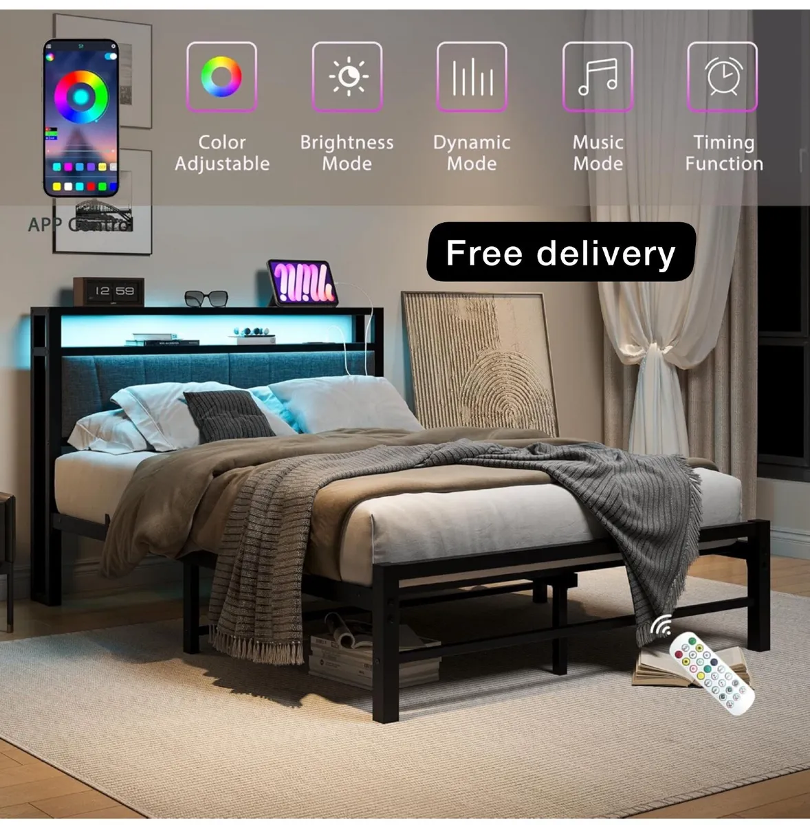 King Size Bed Frame with Storage and LED Lights - Image 1