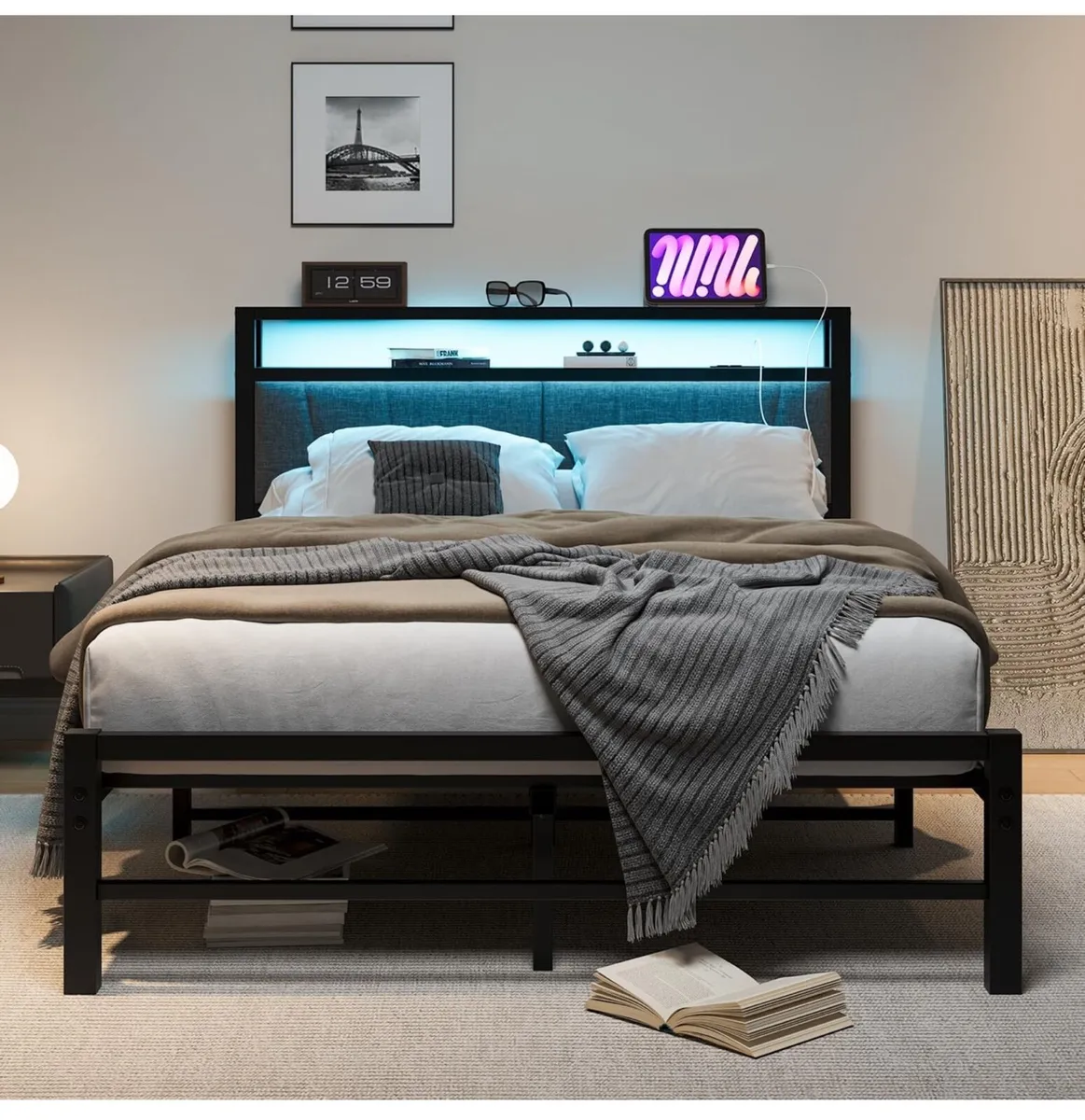 King Size Bed Frame with Storage and LED Lights - Image 1
