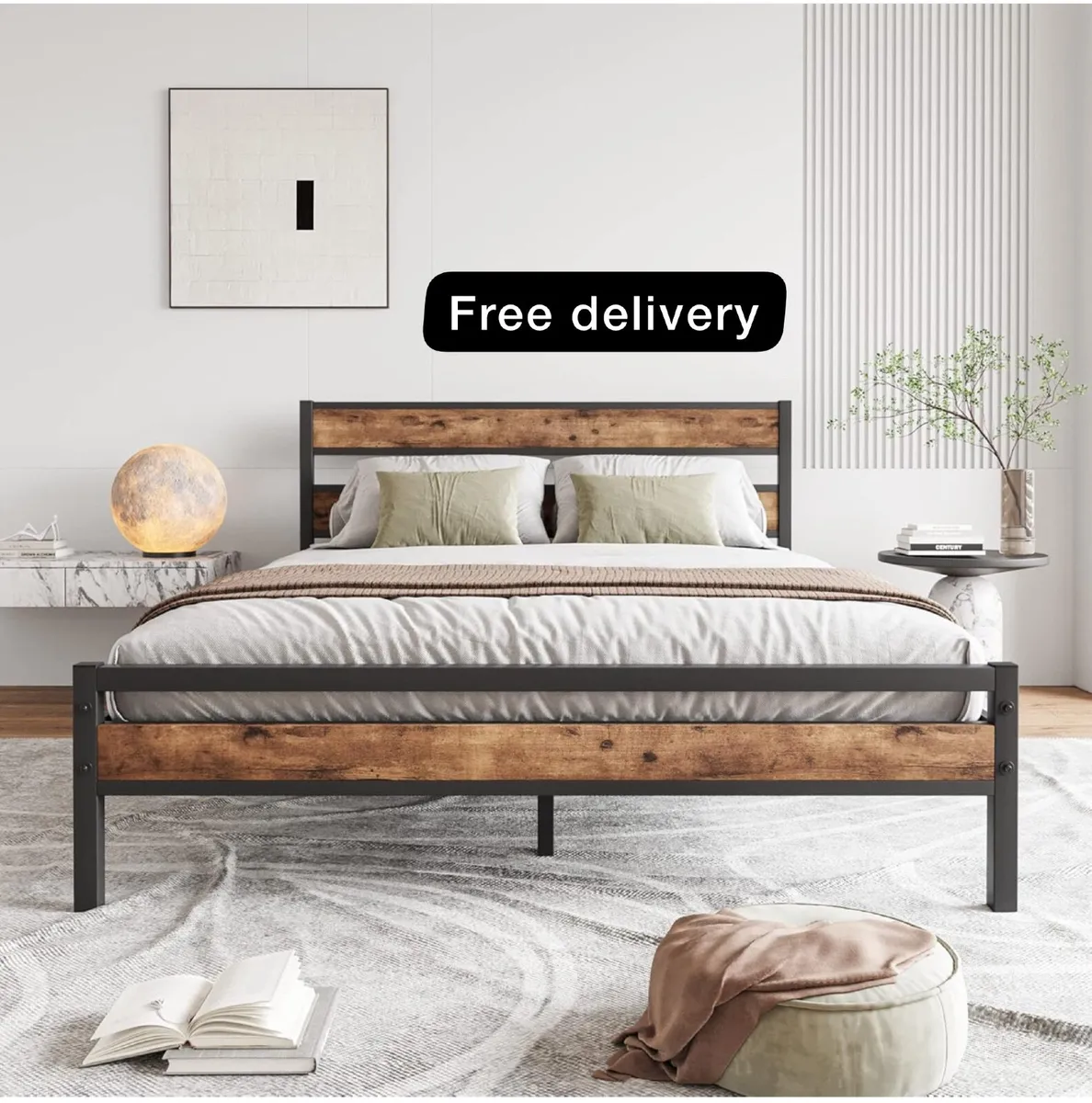 King Size Bed Frame Wood Headboard,Metal - Image 1