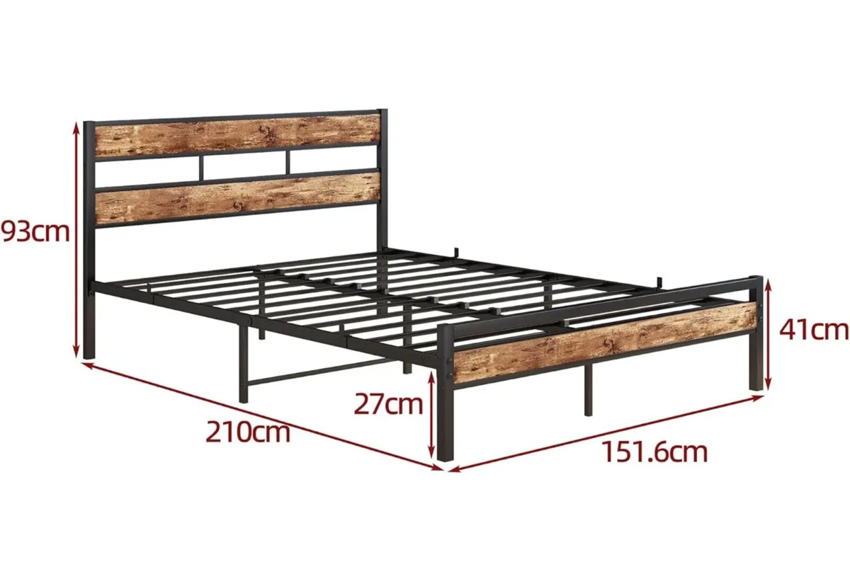 King Size Bed Frame Wood Headboard,Metal - Image 2