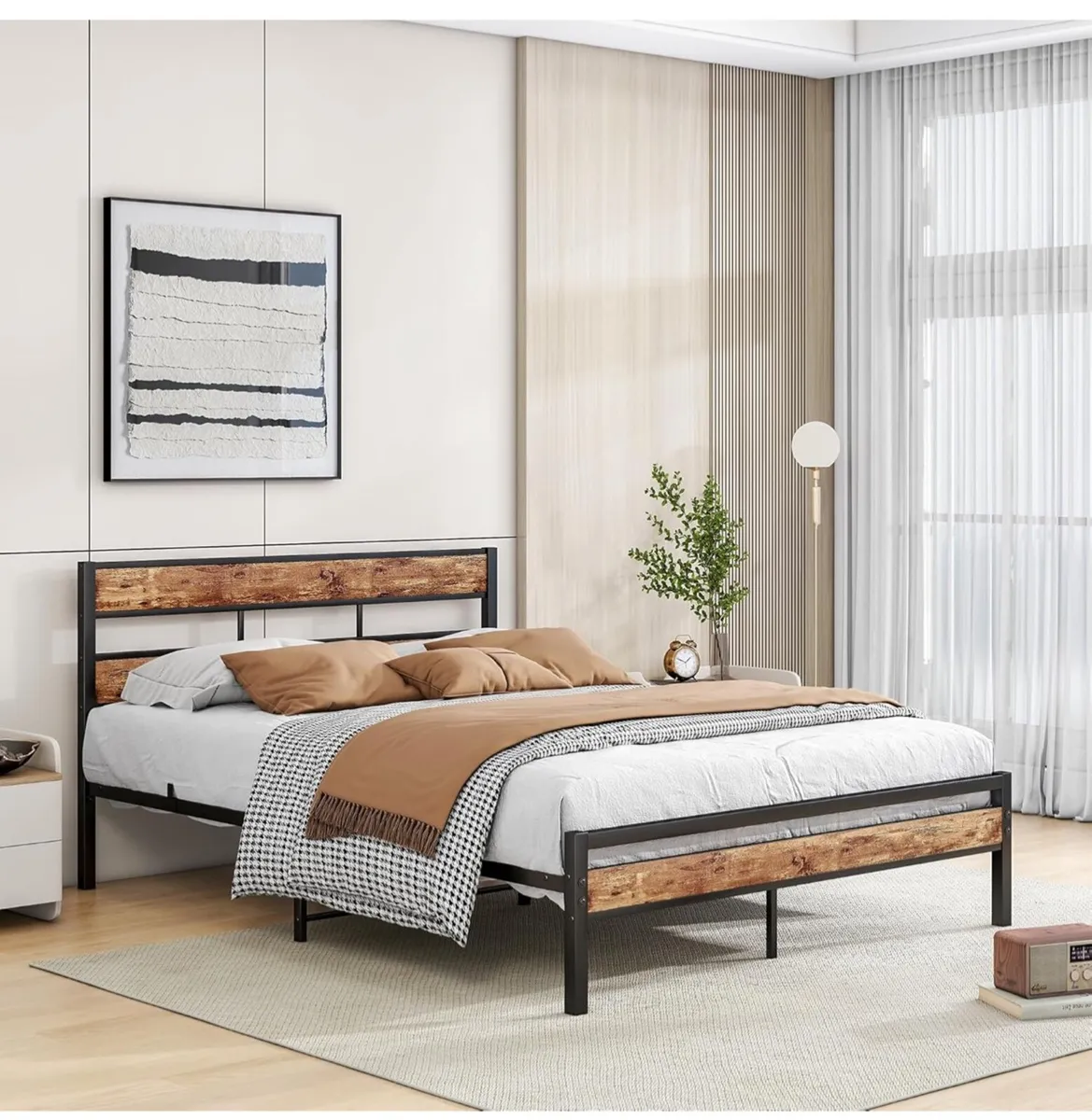 King Size Bed Frame Wood Headboard,Metal - Image 1