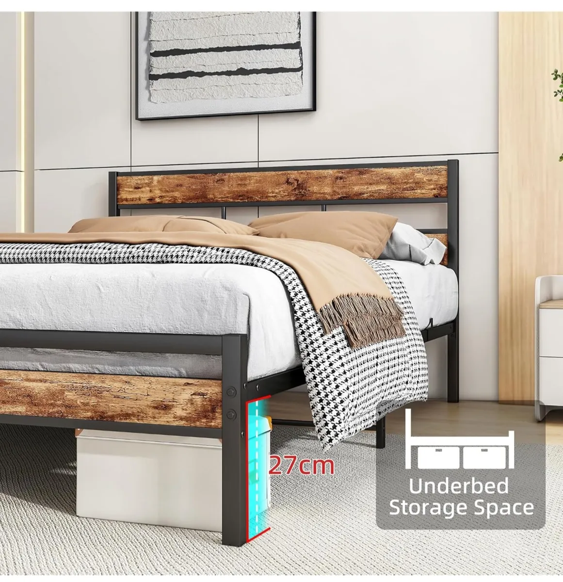 King Size Bed Frame Wood Headboard,Metal - Image 3