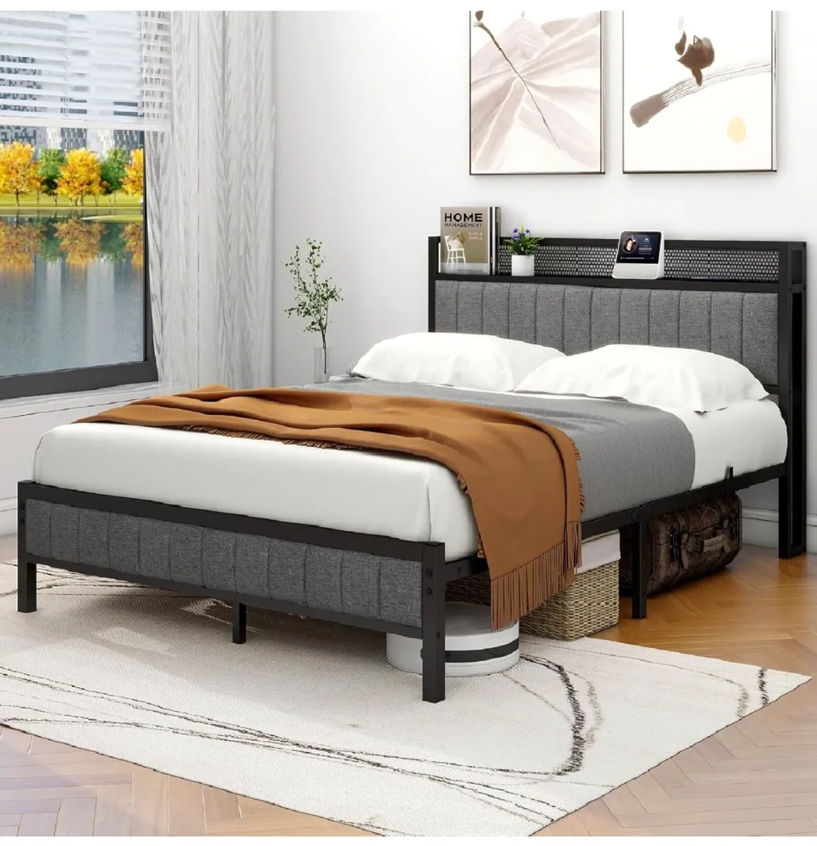 King Size Bed Frame with Storage and Headboard She - Image 1