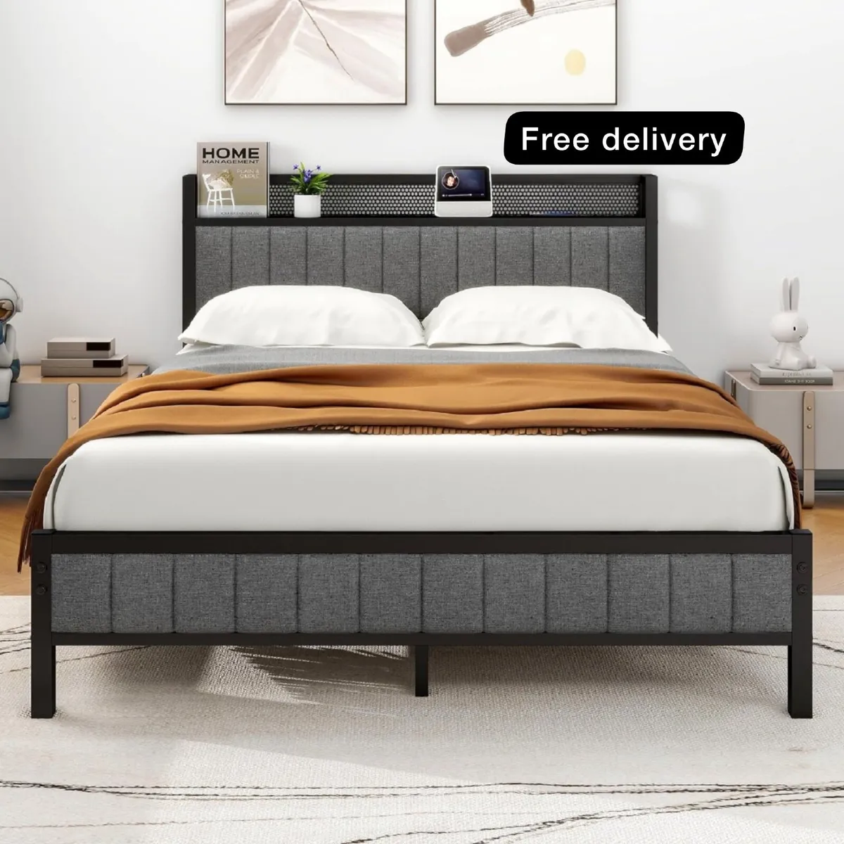 King Size Bed Frame with Storage and Headboard She - Image 1
