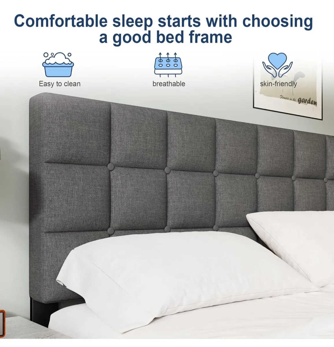 King Bed Frame, Easy Assembly, Sturdy Wooden Slat - Image 3