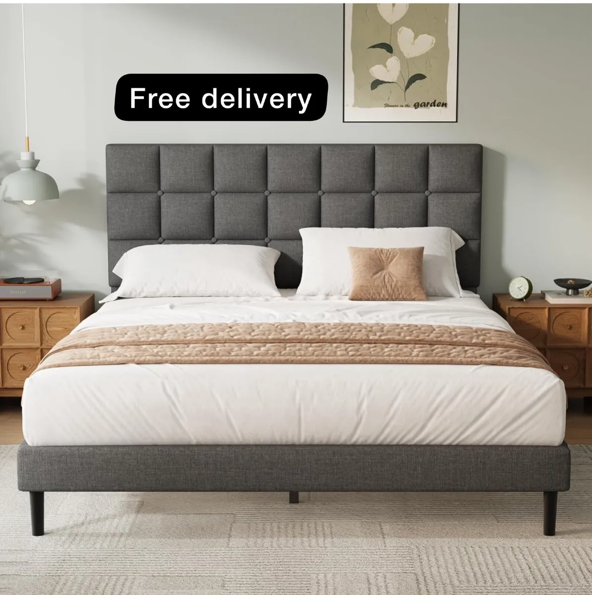 King Bed Frame, Easy Assembly, Sturdy Wooden Slat - Image 1