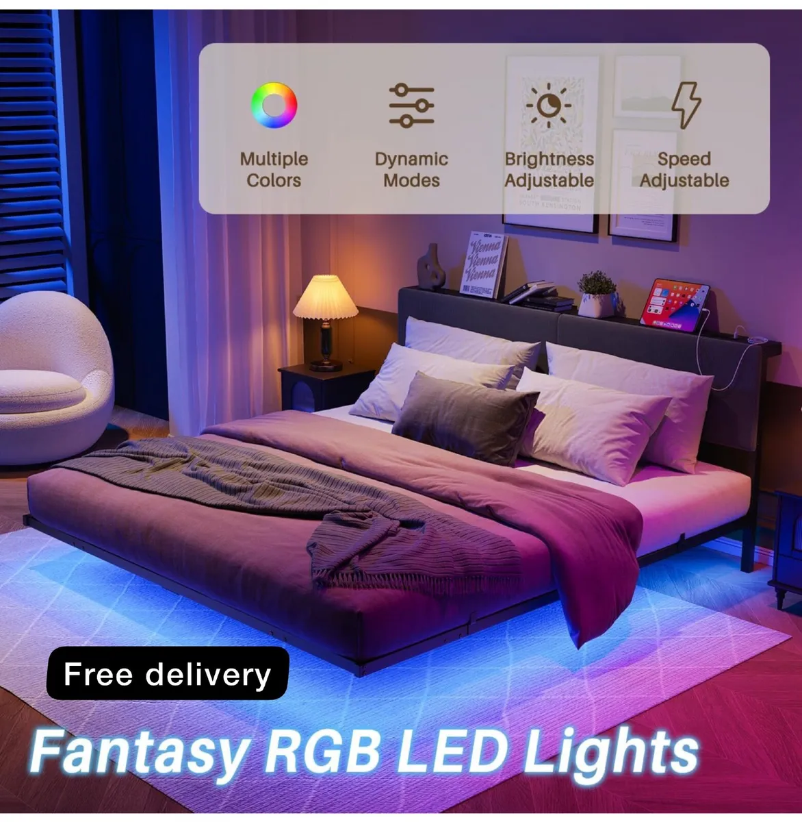 5ft King Bed Frame with USB Charging Station and L - Image 1