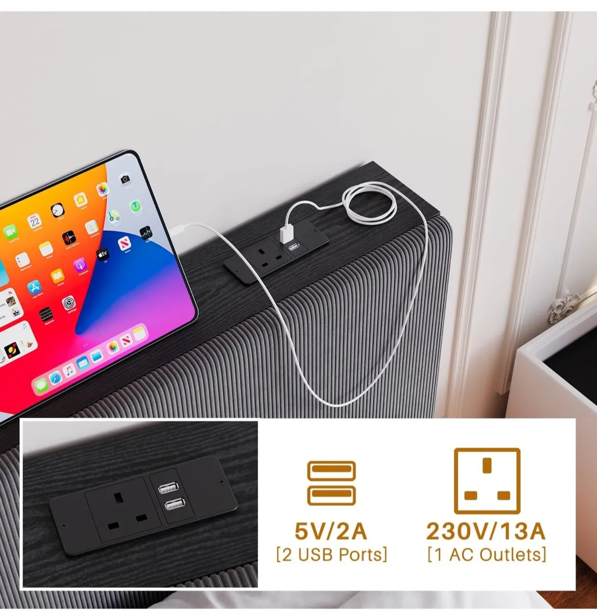 5ft King Bed Frame with USB Charging Station and L - Image 3