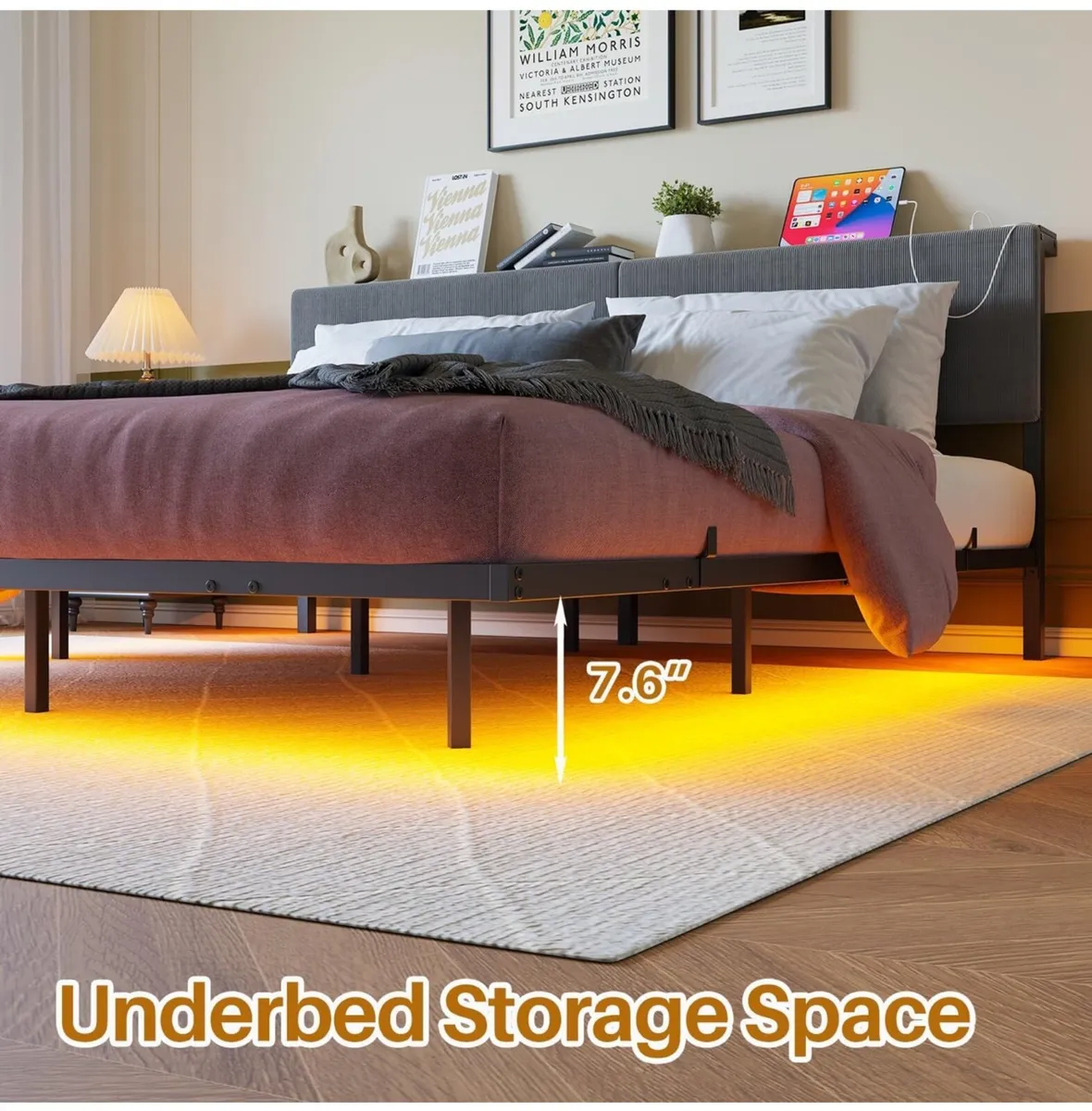 5ft King Bed Frame with USB Charging Station and L - Image 4