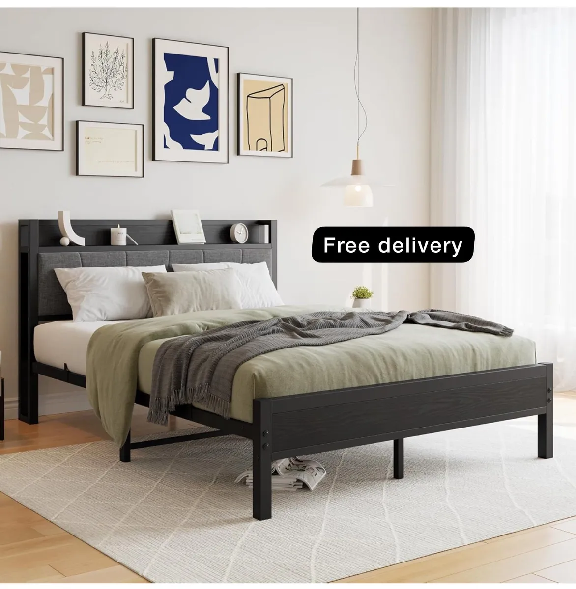 King Size Bed Frame with Storage Wooden Headboard - Image 1