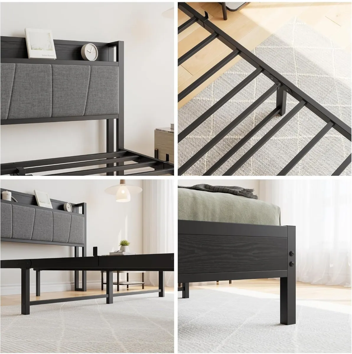 King Size Bed Frame with Storage Wooden Headboard - Image 3