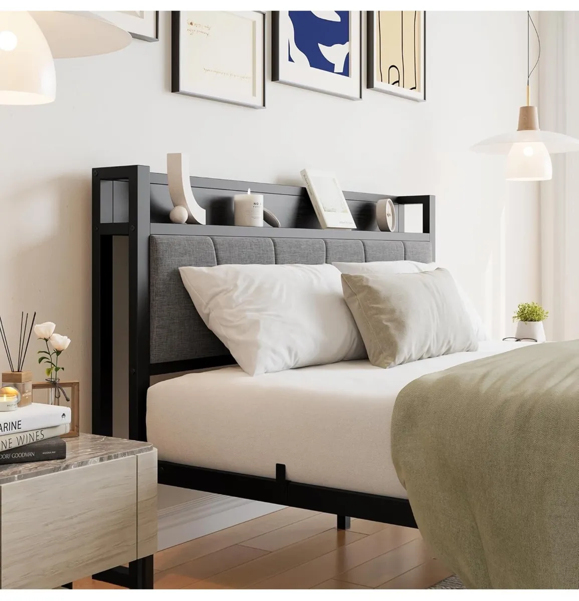 King Size Bed Frame with Storage Wooden Headboard - Image 4